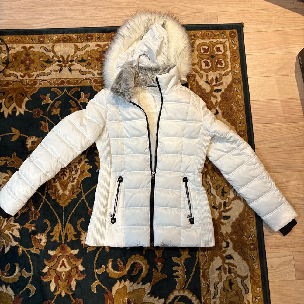 Nautica Women's White Quilted Ski Jacket with Faux Fur Hood